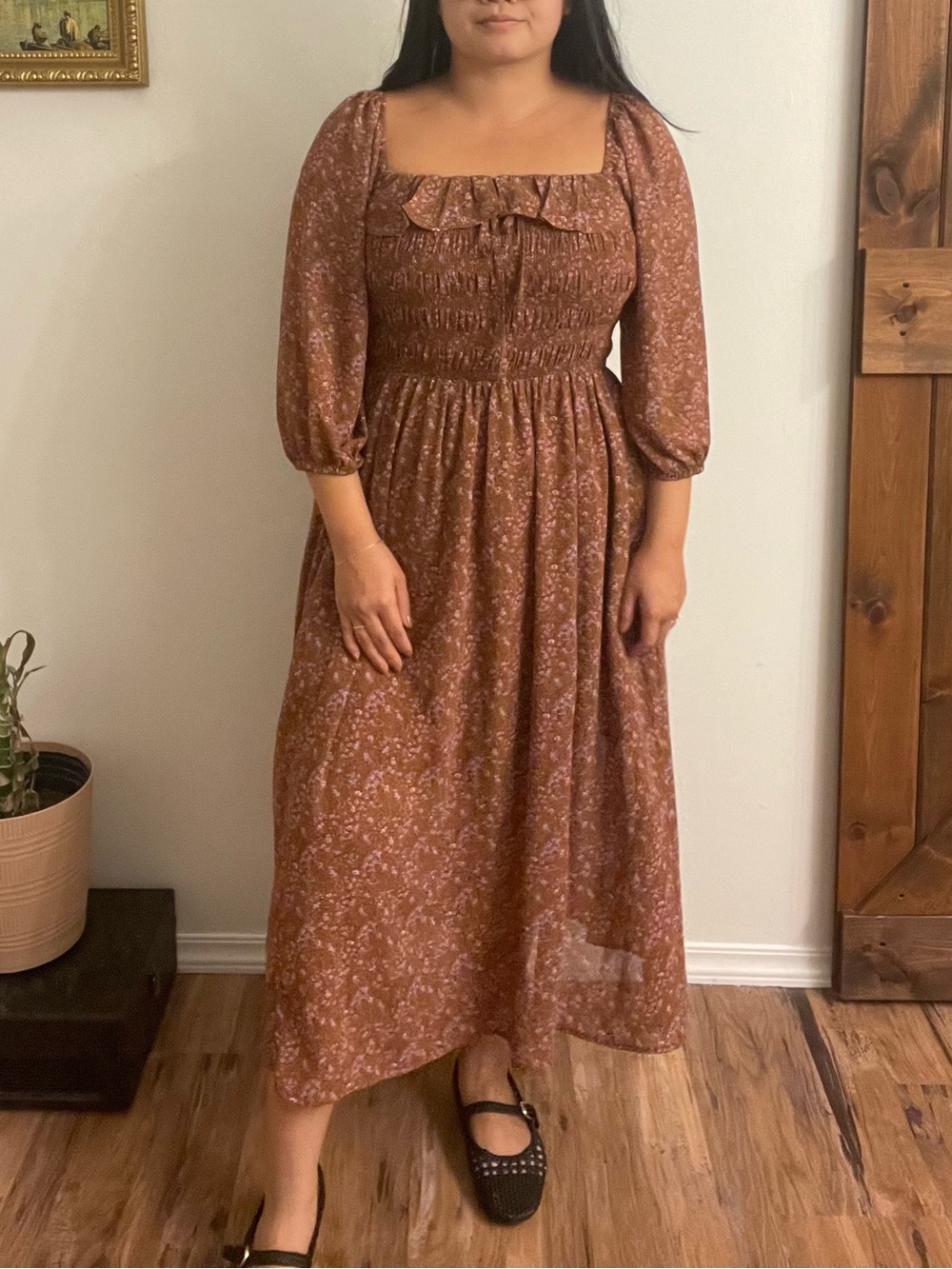 Square-Neck Smocked Maxi Dress in Rust Floral